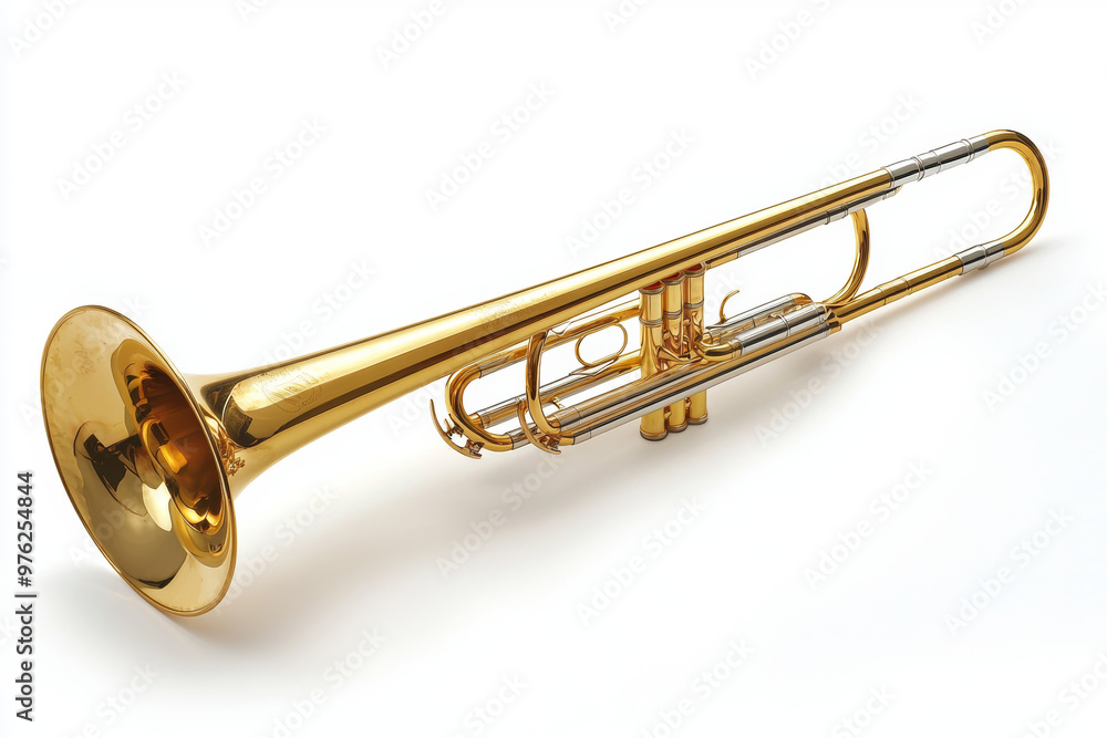 A shiny brass trombone rests elegantly on white background, showcasing its smooth curves and polished finish. This instrument embodies musical artistry and craftsmanship A shiny brass trombone rests elegantly on white background, showcasing its smooth curves and polished finish. This instrument embodies musical artistry and craftsmanship