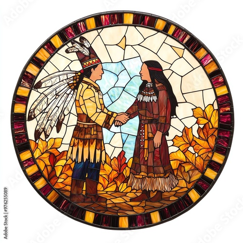 A vibrant stained glass artwork depicting a Native American couple in a harmonious embrace surrounded by colorful leaves.