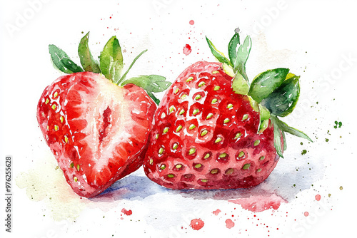 Fresh strawberries are beautifully illustrated in this watercolor painting, showcasing their vibrant red color and lush green leaves. artwork captures juicy texture and natural beauty of fruit, evokin photo