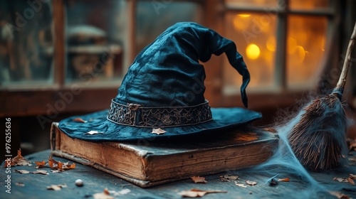 A classic black witchÕs hat placed next to a broomstick and an old spell book, with cobwebs and dust surrounding them