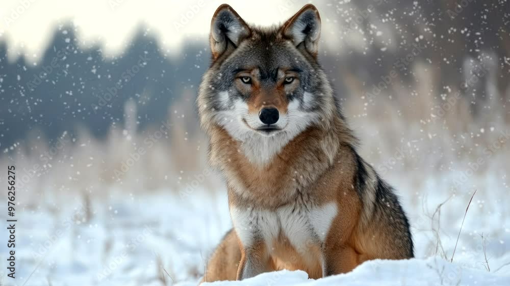 Majestic wolf sitting on snow-covered ground under falling snowflakes. Wildlife concept Majestic wolf sitting on snow-covered ground under falling snowflakes. Wildlife concept