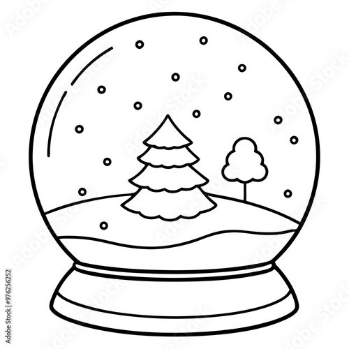 Minimalist Snow Globe with Tree or Snowman, Outline in Black