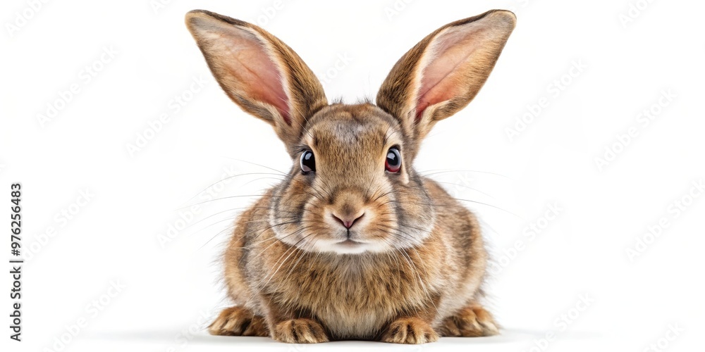 Obraz premium A Curious Brown Rabbit with Large Ears, Close-up Portrait, Isolated on White Background, rabbit, bunny, pet