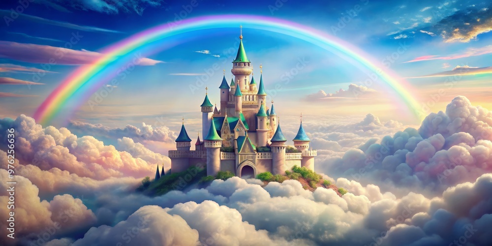 Naklejka premium A Majestic Castle Perched Above the Clouds with a Rainbow, Fantasy, Dreamlike, Fairytale, Castle in the Sky, castle, rainbow