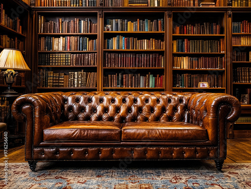 Chesterfield sofa in a luxurious library, rich mahogany bookshelves in the background