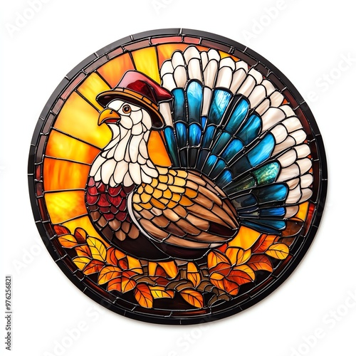 Vibrant stained glass artwork featuring a turkey with colorful feathers and a festive autumn background. photo