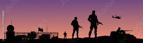 Vektor Silhouetten - Soldaten vor einem Camp - Radarstation Militär - Radarstation zur Luftüberwachung - Einsatz und Sicherheit