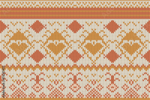 Orange tone Cotton rhombus argyle knit texture geometric vector seamless. Christmas Winter seamless knitted pattern. Rug knitwear fabric print. Holiday christmas fabric knitting pattern