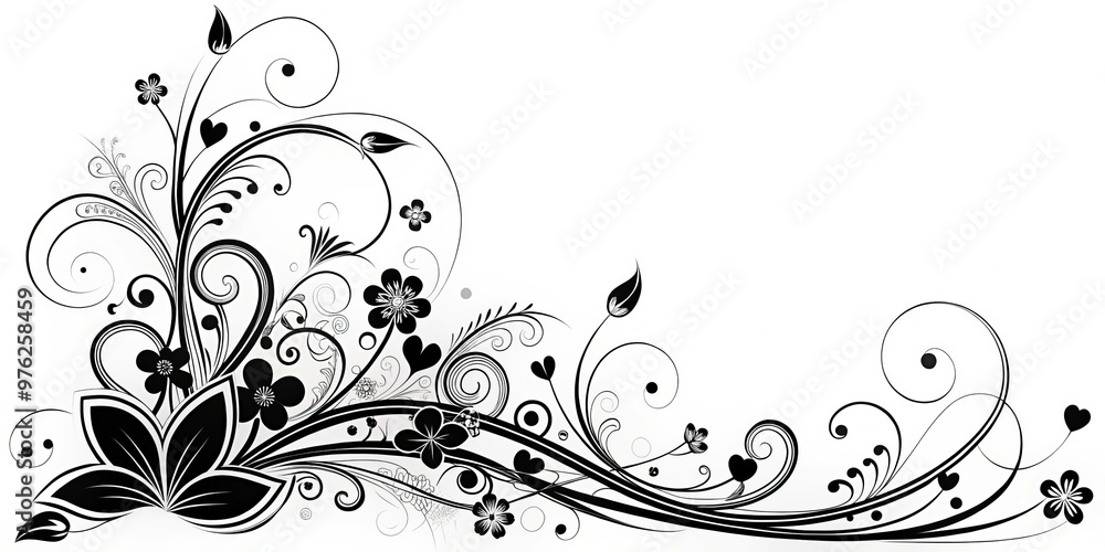 Black and White Floral Design with Swirls and Hearts, Design, Vector, Illustration, Black and White, Floral, Swirl Black and White Floral Design with Swirls and Hearts, Design, Vector, Illustration, Black and White, Floral, Swirl