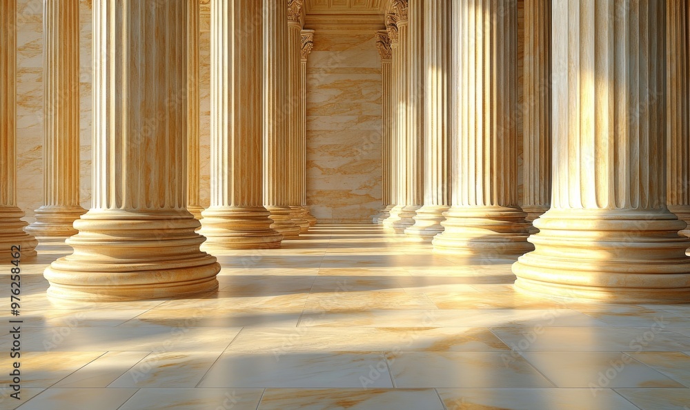 Ancient-looking Columns in a Sunlit Hall Create a Serene Atmosphere in a Historic Building Ancient-looking Columns in a Sunlit Hall Create a Serene Atmosphere in a Historic Building