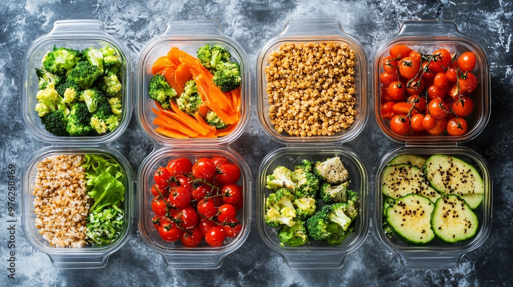 Healthy meal prep containers with broccoli, carrots, cherry tomatoes, zucchini, and buckwheat. Healthy meal prep containers with broccoli, carrots, cherry tomatoes, zucchini, and buckwheat.