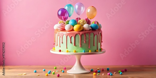 Celebration Cake with Balloons and Candy, cake, birthday, party