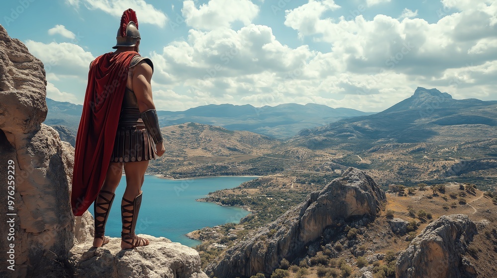 Spartan warrior training in a rugged mountain landscape, showcasing ...