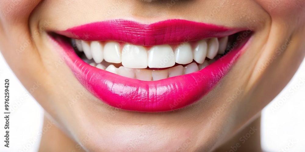 Fototapeta premium Close-up of a Woman's Smiling Lips with Pink Lipstick, Portrait, Makeup, Beauty, Smile, Lips, Pink Lipstick