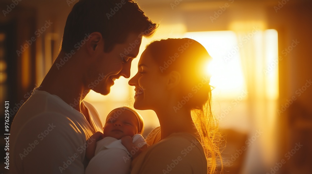 A loving couple gazing at each other, holding their newborn baby, illuminated by the warm light of the sunset. A loving couple gazing at each other, holding their newborn baby, illuminated by the warm light of the sunset.