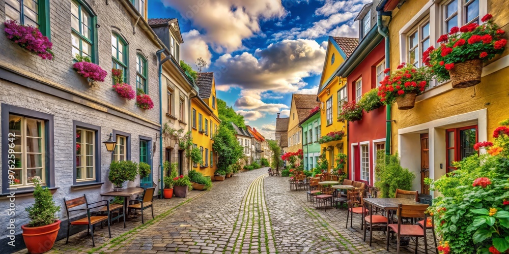 Fototapeta premium Cobblestone Street with Colorful Buildings and Blooming Flowers in a Charming European Town, Europe , street , travel