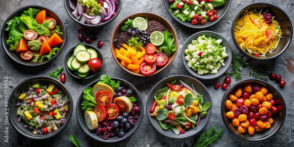 Colorful and Delicious Salad Bowls A Variety of Fresh Ingredients, Top View, Black Bowls, Food Photography, Salad Recipes, Healthy Eating , salad Colorful and Delicious Salad Bowls A Variety of Fresh Ingredients, Top View, Black Bowls, Food Photography, Salad Recipes, Healthy Eating , salad