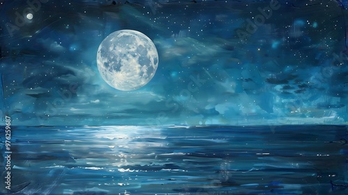 Thunderous Summer Skies: An Anime-Inspired Illustration, Beautiful Blue Skies with Nature, Moon ,Cloud ,Beach scenery, Tree, night -Anime concept Background