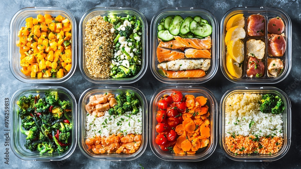 Healthy Meal Prep Containers with Quinoa, Salmon, Broccoli, and Tomatoes. Healthy Meal Prep Containers with Quinoa, Salmon, Broccoli, and Tomatoes.