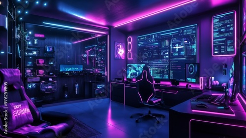 Cyberpunk Gaming Setup with Neon Lights.