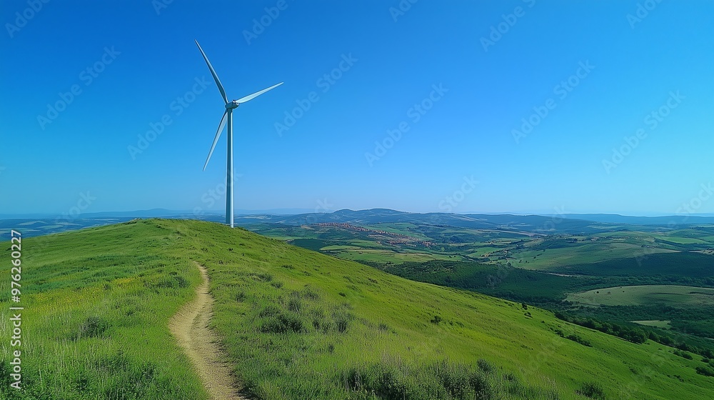 Wind turbines spinning gently in a breeze on a green hill, generating sustainable electricity under a clear blue sky, symbolizing renewable energy Wind turbines spinning gently in a breeze on a green hill, generating sustainable electricity under a clear blue sky, symbolizing renewable energy
