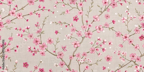 Delicate Watercolor Pink Cherry Blossom Seamless Pattern on Linen Background, cherry blossom , floral , seamless pattern