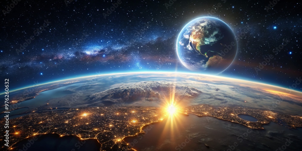Earthrise from Space, with Galaxy and Sunrise, Earth, space, galaxy, sunrise Earthrise from Space, with Galaxy and Sunrise, Earth, space, galaxy, sunrise