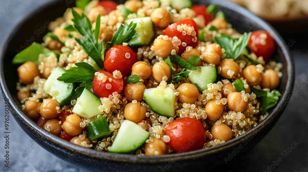 A close-up of a bowl of quinoa salad with chickpeas, cucumber, cherry tomatoes, and parsley. A close-up of a bowl of quinoa salad with chickpeas, cucumber, cherry tomatoes, and parsley.