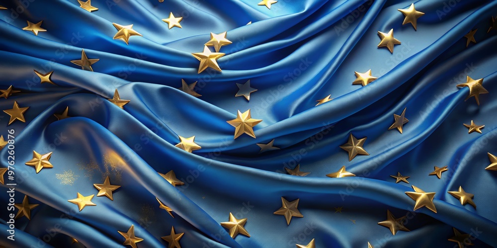 European Union Flag - 3D Rendered Silk with Golden Stars, EU Flag, European Union, European Symbol European Union Flag - 3D Rendered Silk with Golden Stars, EU Flag, European Union, European Symbol