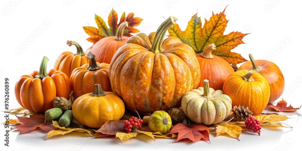 Fall Harvest Pumpkins and Autumn Leaves, still life, close up, pumpkins, fall leaves, white background, Thanksgiving Fall Harvest Pumpkins and Autumn Leaves, still life, close up, pumpkins, fall leaves, white background, Thanksgiving