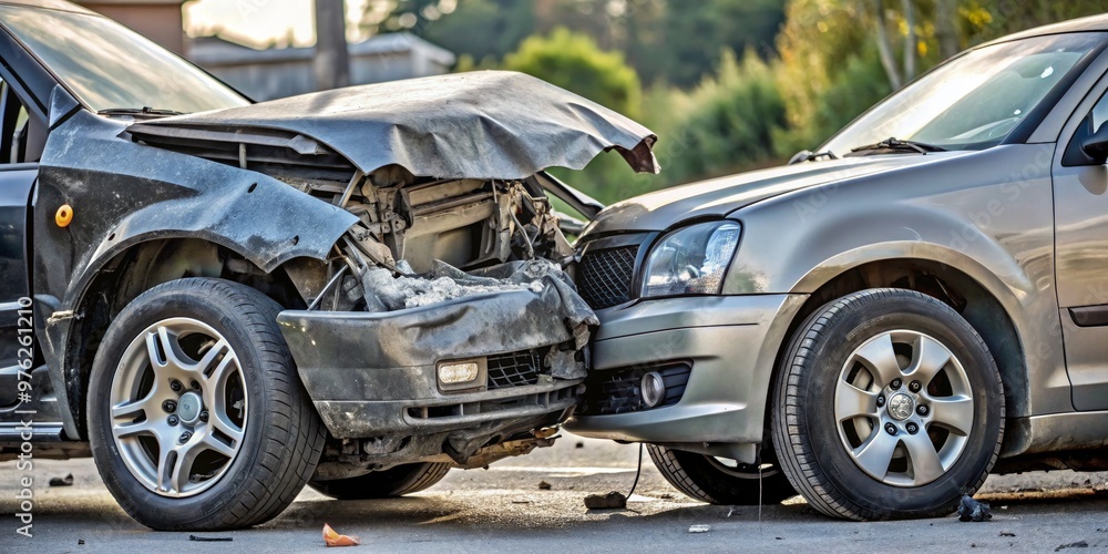 Front-on Collision Two Cars Damaged After Impact, Car Crash, Auto Accident, Traffic Accident Front-on Collision Two Cars Damaged After Impact, Car Crash, Auto Accident, Traffic Accident