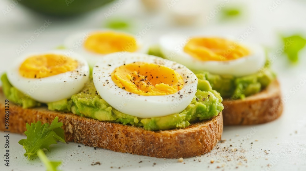 healthy avocado toast with whole-grain bread and hard-boiled eggs, macro close-up showcasing fresh breakfast food concept for energy saving and weight loss in a home kitchen healthy avocado toast with whole-grain bread and hard-boiled eggs, macro close-up showcasing fresh breakfast food concept for energy saving and weight loss in a home kitchen
