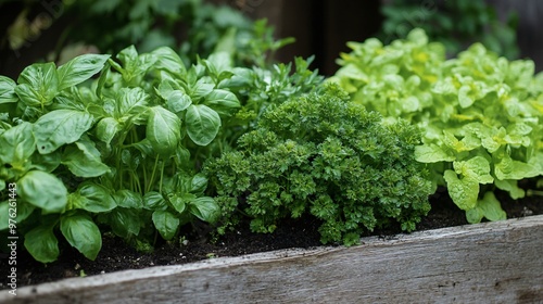 Close up of a wooden planter box filled with fresh herbs, including basil, parsley and mint.