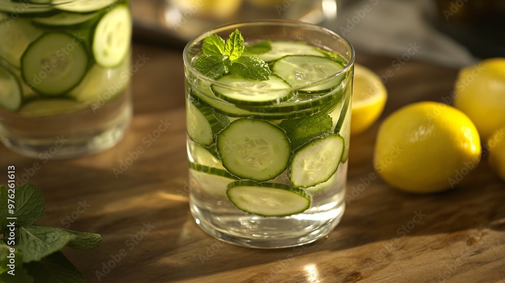 Close-up of a glass of cucumber and mint infused water with lemons on a wooden surface. Close-up of a glass of cucumber and mint infused water with lemons on a wooden surface.