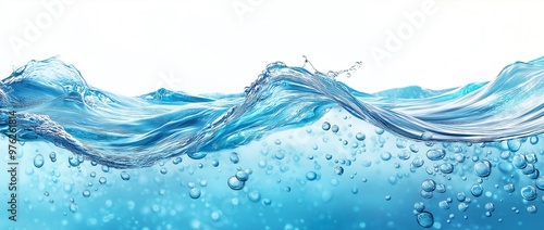 Water background with a blue water surface and air bubbles on a white isolated background, vector illustration