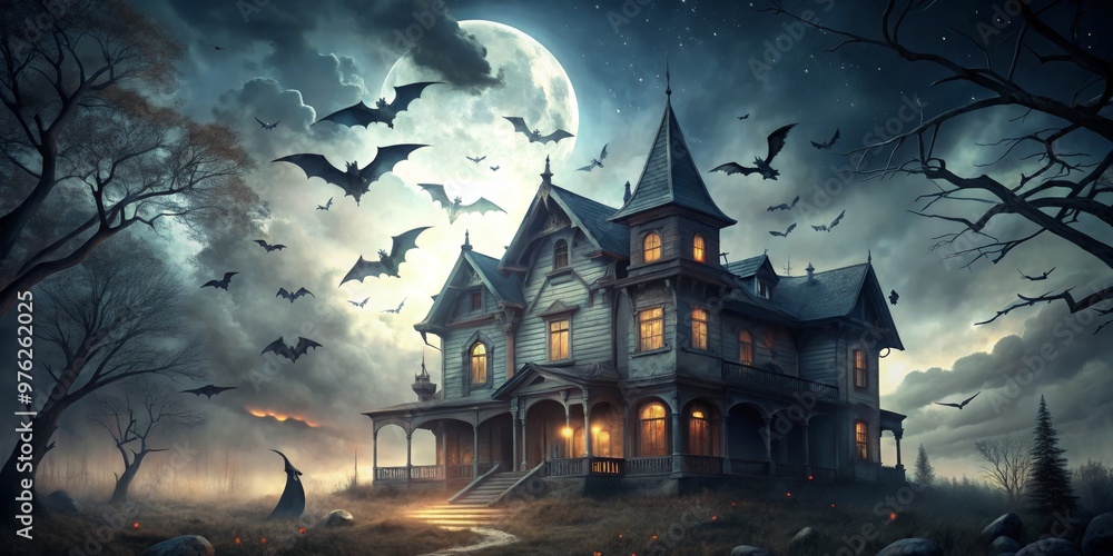 Haunted Victorian Mansion Under Full Moon, digital art, gothic, spooky, halloween, haunted house, bats Haunted Victorian Mansion Under Full Moon, digital art, gothic, spooky, halloween, haunted house, bats