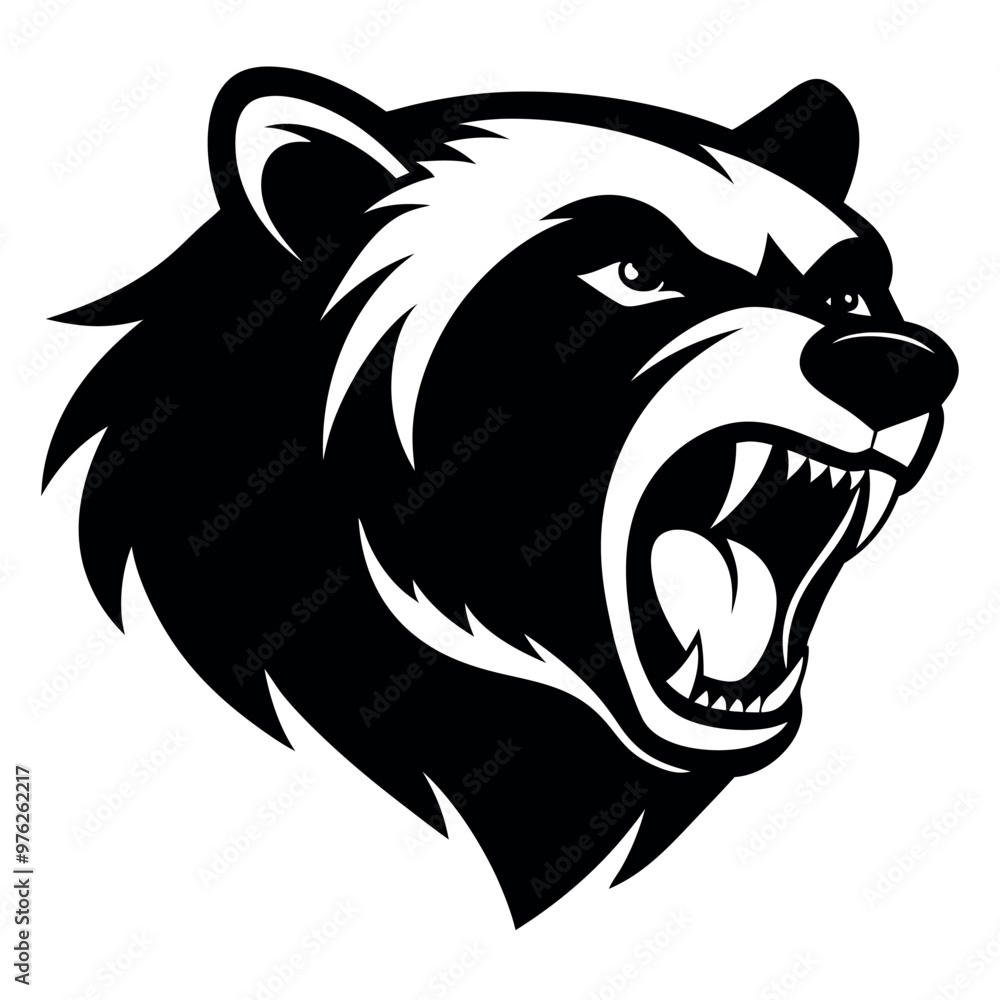 a black and white illustration of a bear's head. The bear's face is facing towards the right side of the image, with its mouth open wide, showing sharp teeth and sharp claws a black and white illustration of a bear's head. The bear's face is facing towards the right side of the image, with its mouth open wide, showing sharp teeth and sharp claws
