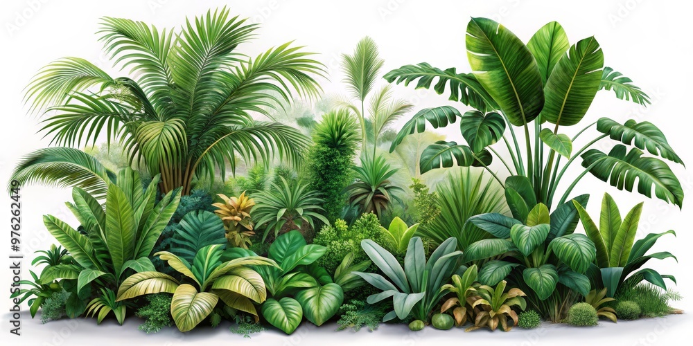 Fototapeta premium Lush Tropical Foliage Composition with Palm Trees, Banana Leaves, and Lush Greens, Tropical plants, Green foliage, Jungle