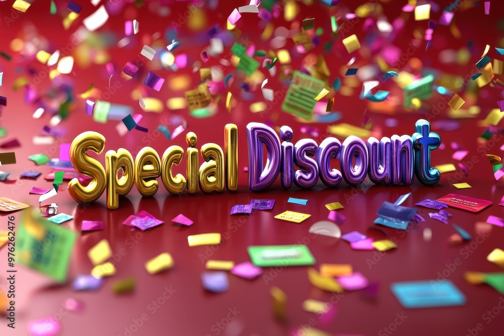 Special Discount text with colorful confetti and bokeh lights Special Discount text with colorful confetti and bokeh lights