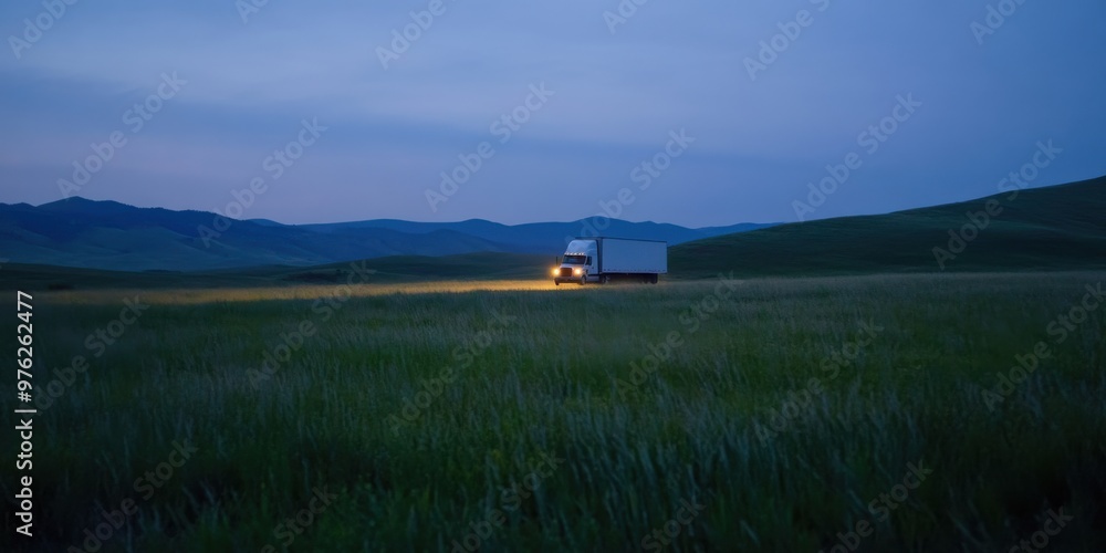 A large truck with its headlights on travels through a vast open field during early morning or late evening, evoking a sense of solitude, journey, and adventure under a blue sky. A large truck with its headlights on travels through a vast open field during early morning or late evening, evoking a sense of solitude, journey, and adventure under a blue sky.