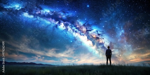 Man Gazing at the Milky Way, Night Sky, Stars, Landscape, Galaxy, Silhouette, Wonder