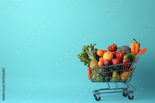 Miniature shopping cart overflowing with colorful produce stands on a blue background, promoting healthy eating and grocery shopping