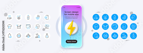 Refill water, Face accepted and Money bag line icons. Phone mockup with 3d energy icon. Pack of Water bottle, Fireworks, Creativity concept icon. Vip phone, Wallet, Hold heart pictogram. Vector