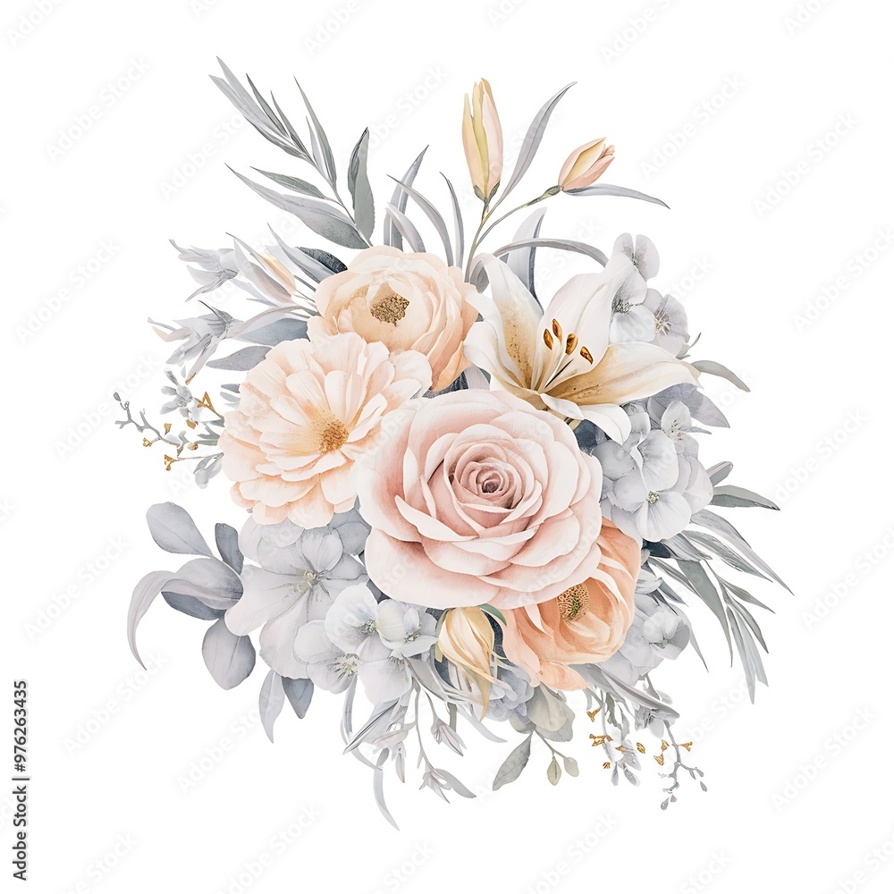 Fototapeta premium Hand drawn watercolor bouquet on white background. Beautiful gentle flowers in the composition. Roses. Design for card, invitation