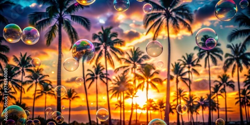 Sunset Palm Trees with Bubbles, sunset, palm trees, tropical ,bubbles