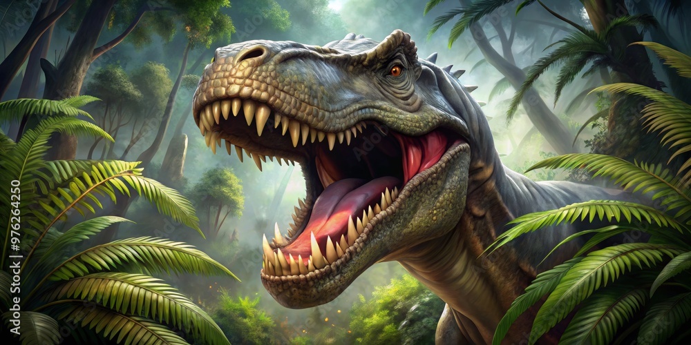 Obraz premium The Roaring T-Rex in a Lush Jungle, digital painting, close-up of a dinosaur head, prehistoric predator, Jurassic Park, dinosaur, jungle