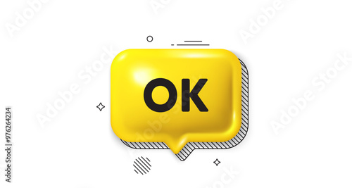 3d speech bubble icon. OK text tag. Approved okay message. Done or Good deal symbol. OK chat talk message. Speech bubble banner. Yellow text balloon. Vector