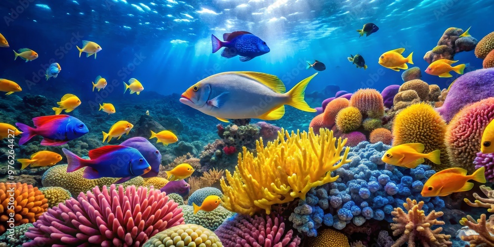 Fototapeta premium Underwater Paradise Vibrant Coral Reef with Colorful Fish, Sunlight and Deep Blue Water, Wide Shot, Composition - Tropical Fish, Coral Reef, Underwater World, Ocean Life