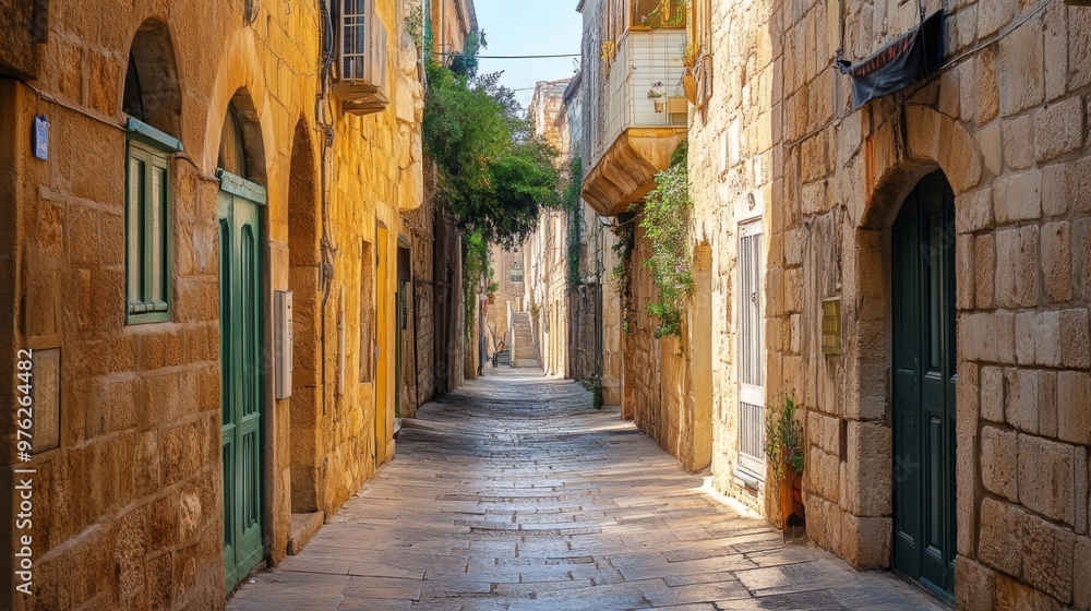 Narrow cobblestone street in a historic European city, lined with old stone buildings and green doors. Narrow cobblestone street in a historic European city, lined with old stone buildings and green doors.