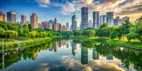 Urban Oasis Reflections of a Modern Cityscape, Trees, and Sky in a Serene Pond, city park, cityscape, reflection